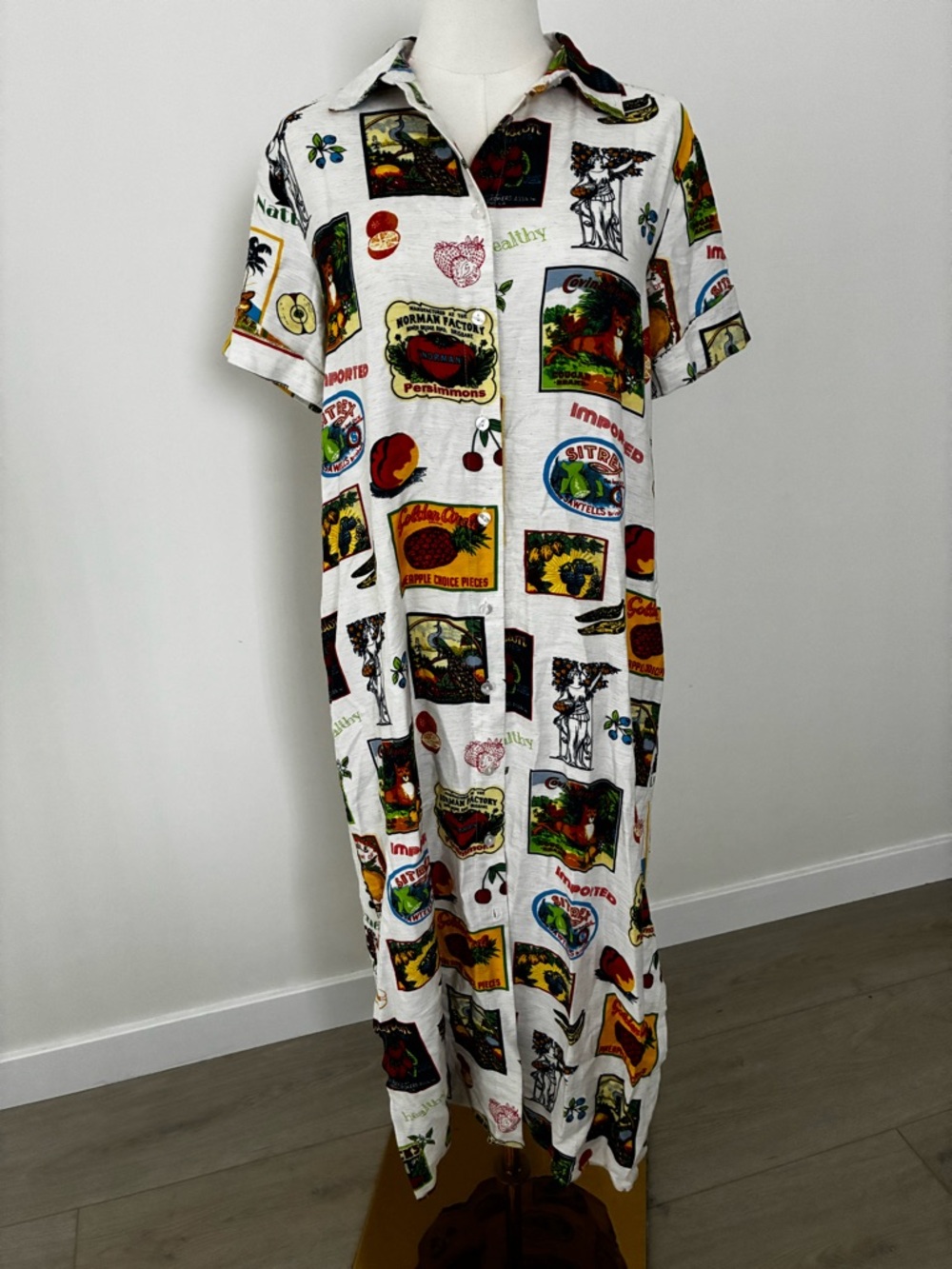 Jane and Delancey White Midi Shirt Dress with Multicolor Vintage Patch Print